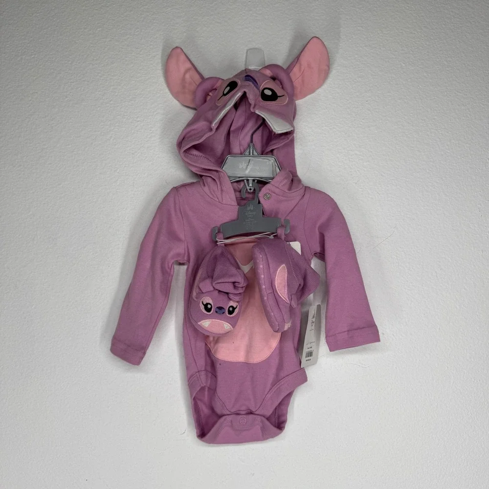 Disney Baby Angel Lilo & Stitch Hooded Bodysuit and Booties Set NEW Pink 6-9M